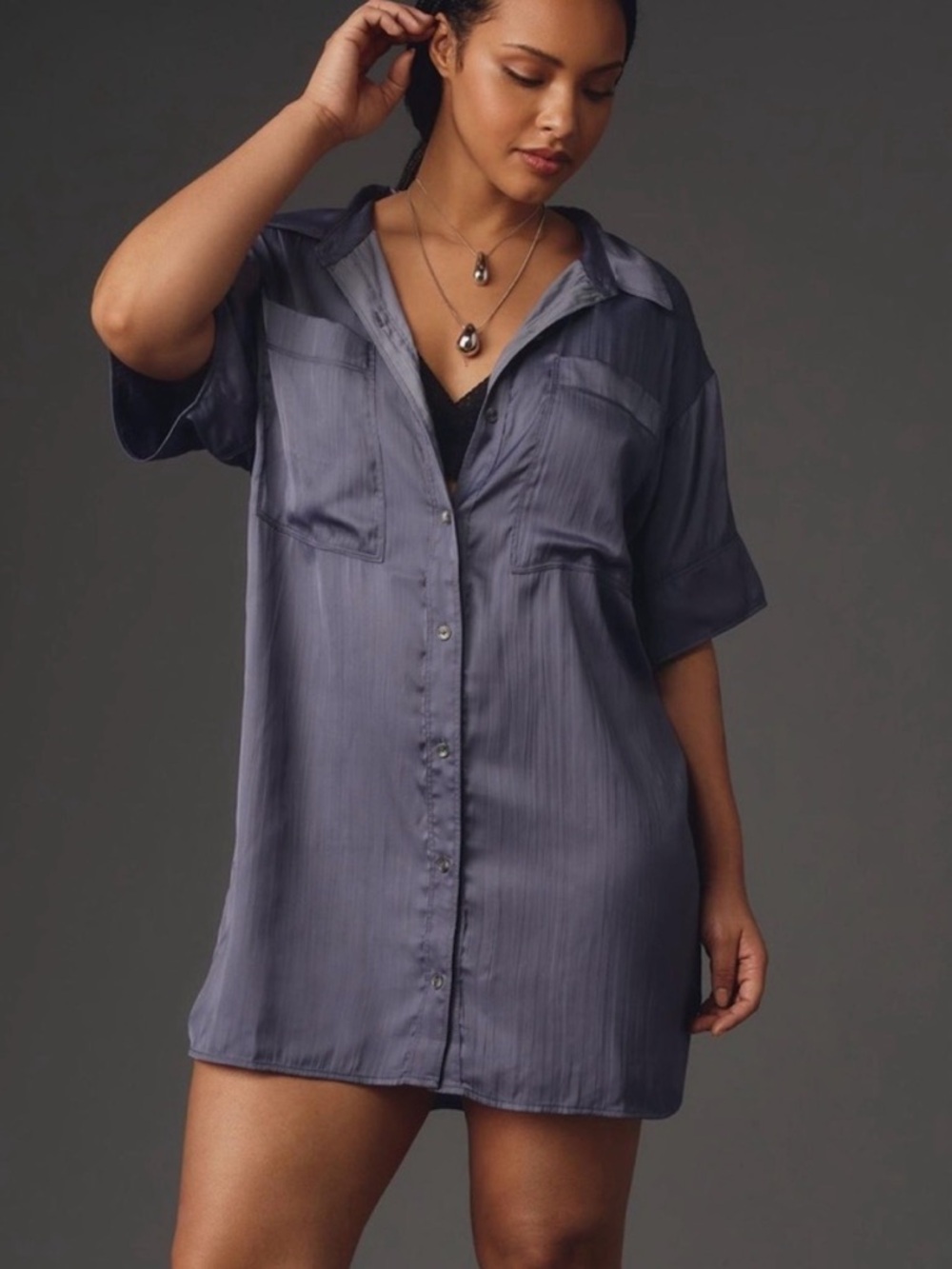 Pilcro Women's Short Sleeve Silky Surf Shirt Dress - Blue Gray - Medium